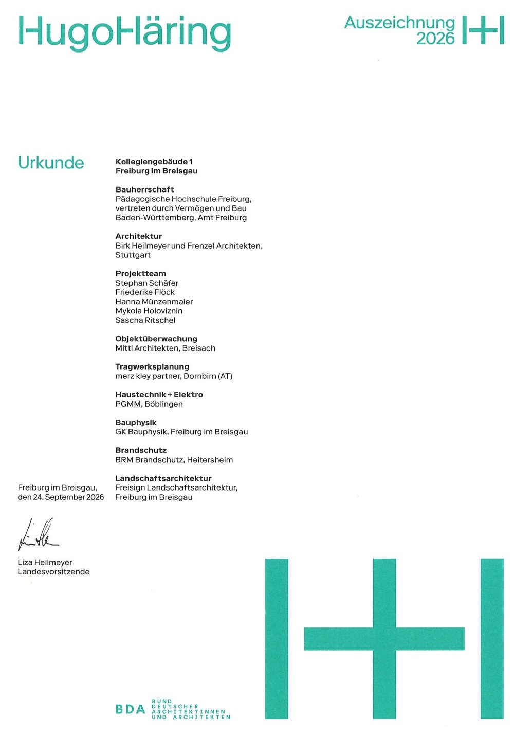 Urkunde Hugo-Häring-Auszeichnung 2026 Urkunde der Hugo-Häring-Auszeichnung 2026 für das Kollegiengebäude 1, Bauphysik: GK Bauphysik